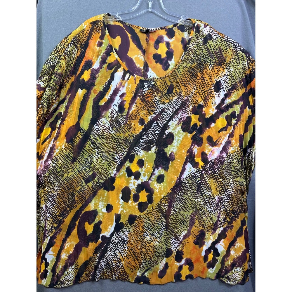 Unique Spectrum Womens 3X Animal Print Sheer Blouse Yellow Mixed Media Top